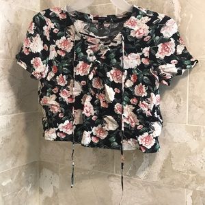 F21 floral lace-up cropped blouse